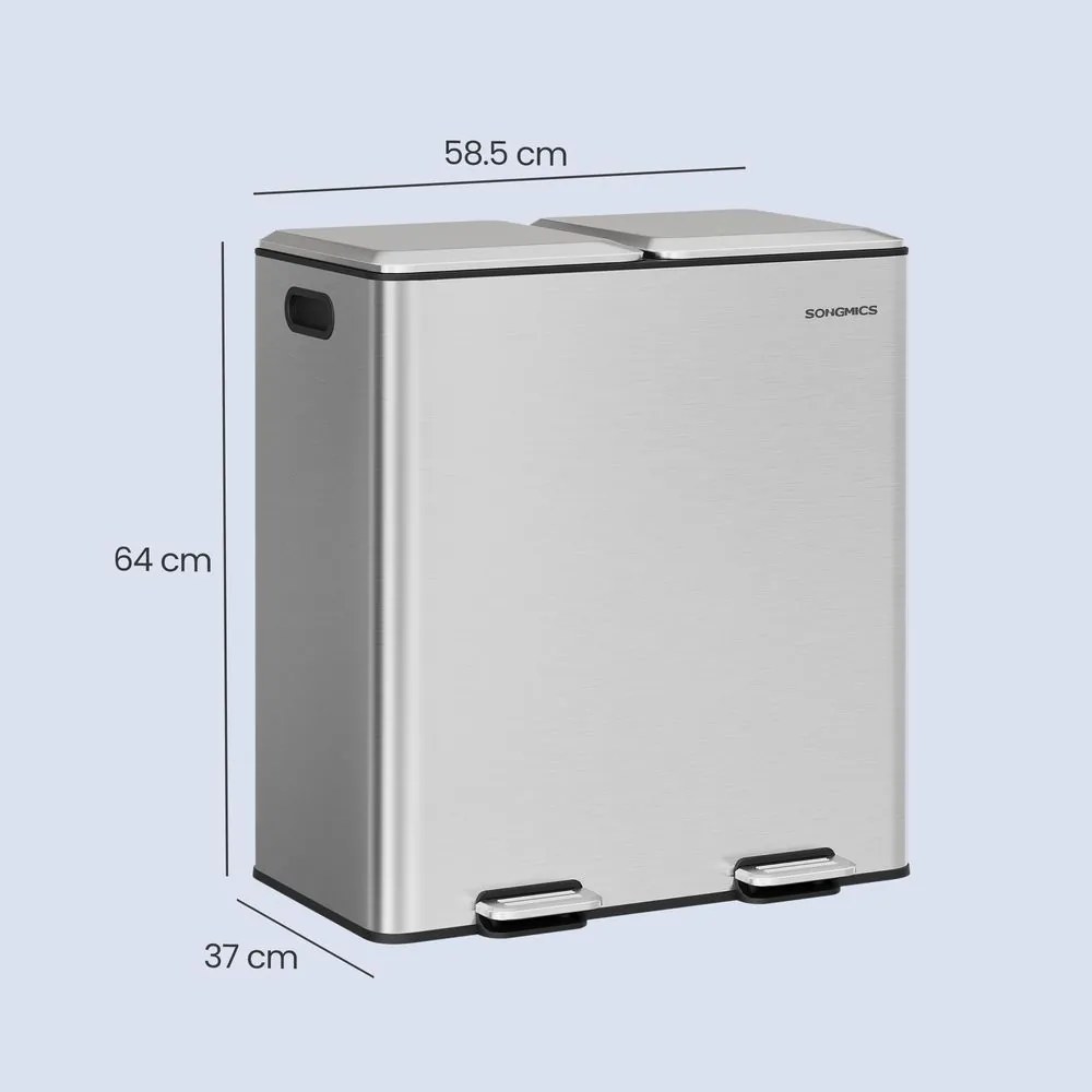 Caixote do lixo de cozinha, 2 x 30 L, 2 compartimentos 64 x 58,5 x 37 cm Prateado