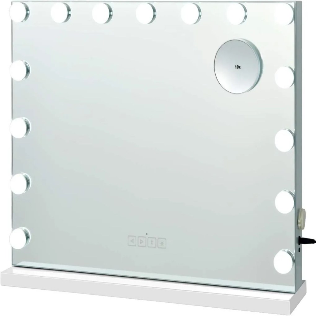 Espelho de maquilhagem com 2 altifalantes 15 luzes LED 3 cores de luz Espelho pequeno com ampliação de 10x Espelho cosmético Bluetooth Branco