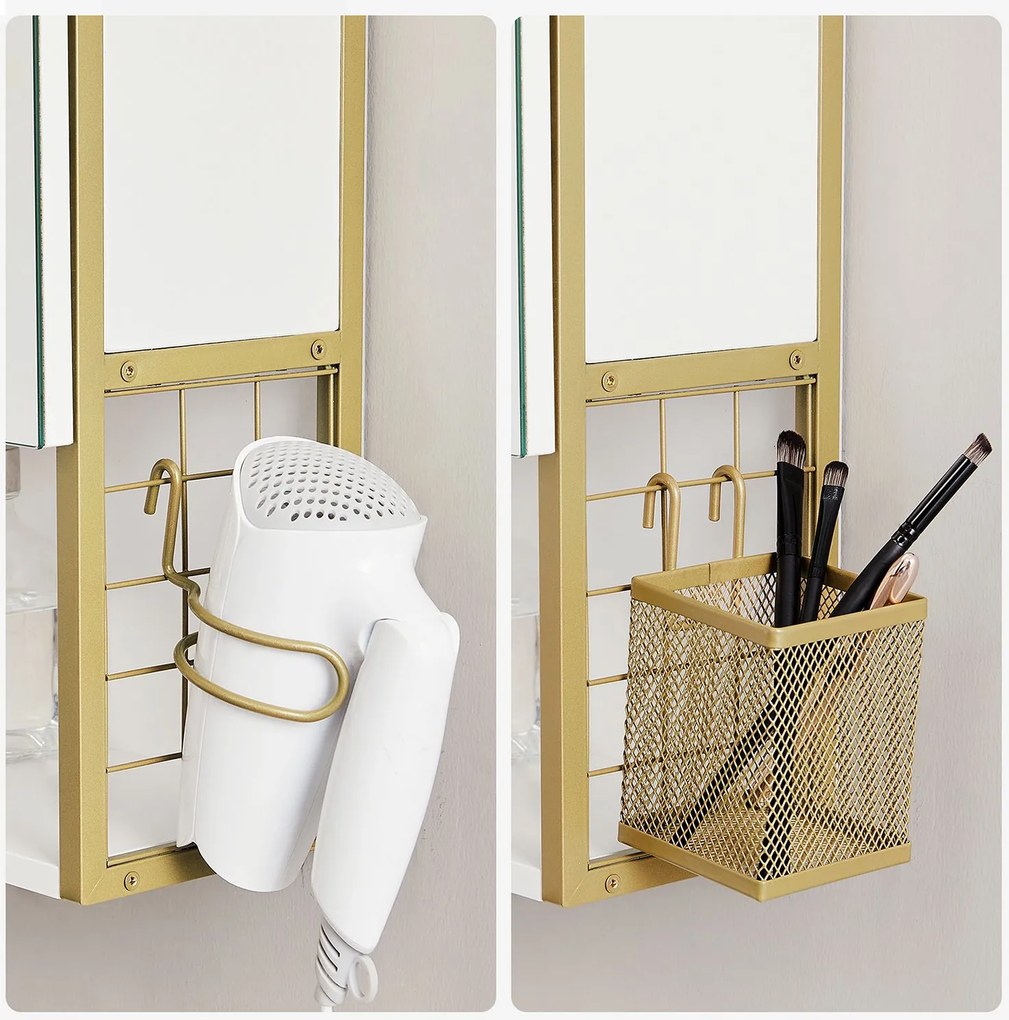 Armário de espelho com iluminação casa de banho de parede 70 x 14,5 x 70 cm branco-dourado