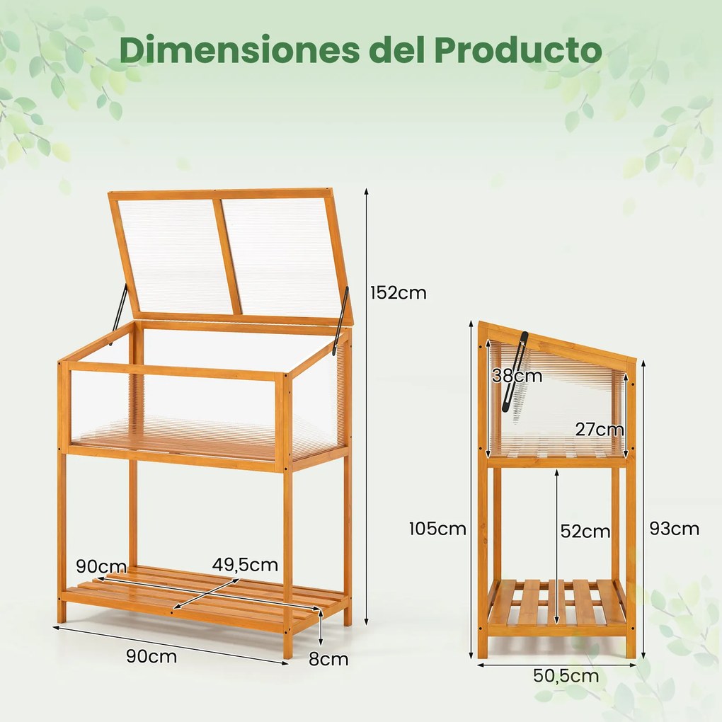 Estufa de madeira 90 x 50,5 x 105 cm, teto transparente rebatível, estante de arrumação, proteção, vaso elevado, casa de cultivo, interior/exterior, c