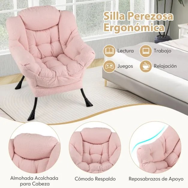 Poltrona grande estofada com almofada de cabeça acolchoada Apoios de braços e bolsa Poltrona Sofá para sala de estar Quarto Rosa