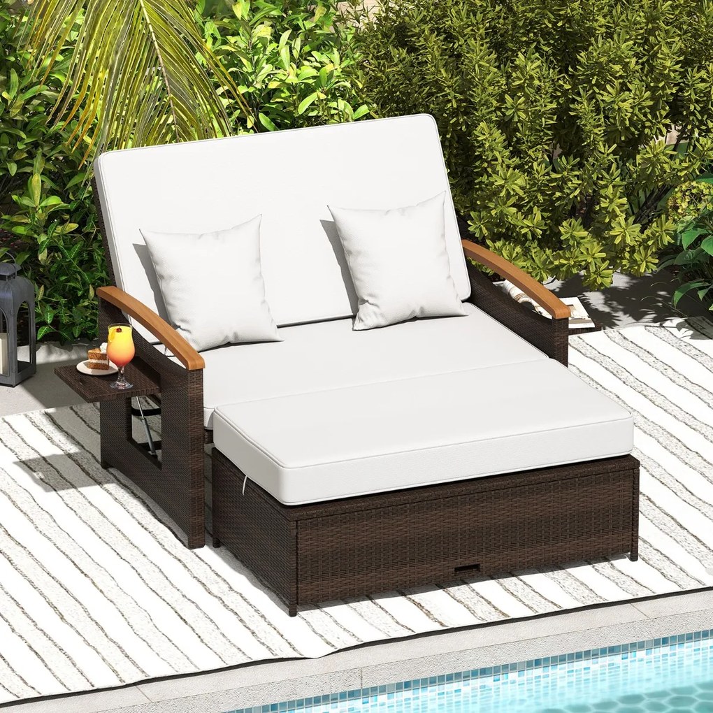 Conjunto de sofá-cama em rattan com pufe com espaço de arrumação, encosto ajustável em 4 níveis e mesas laterais dobráveis para jardim e piscina, bran