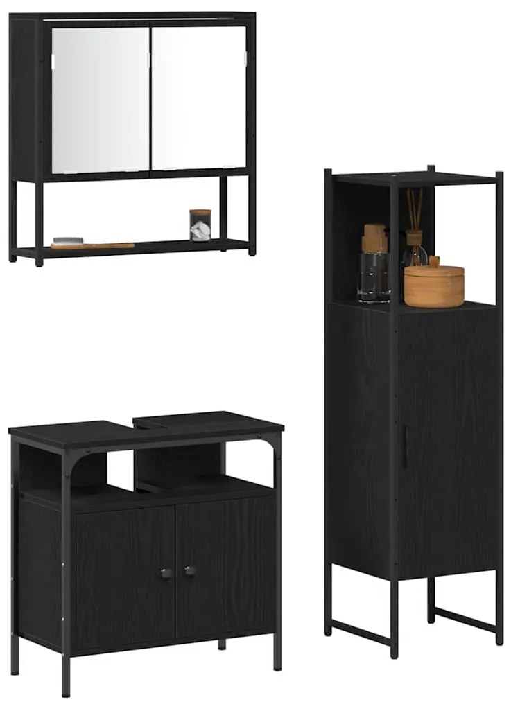 Conjunto de Móveis de Casa de Banho 3 Peças Carvalho Preto Madeira Eng