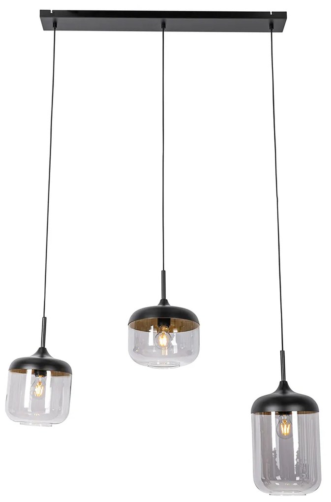 Candeeiro de suspensão design preto com dourado e vidro fumê 3 luzes - Kyan