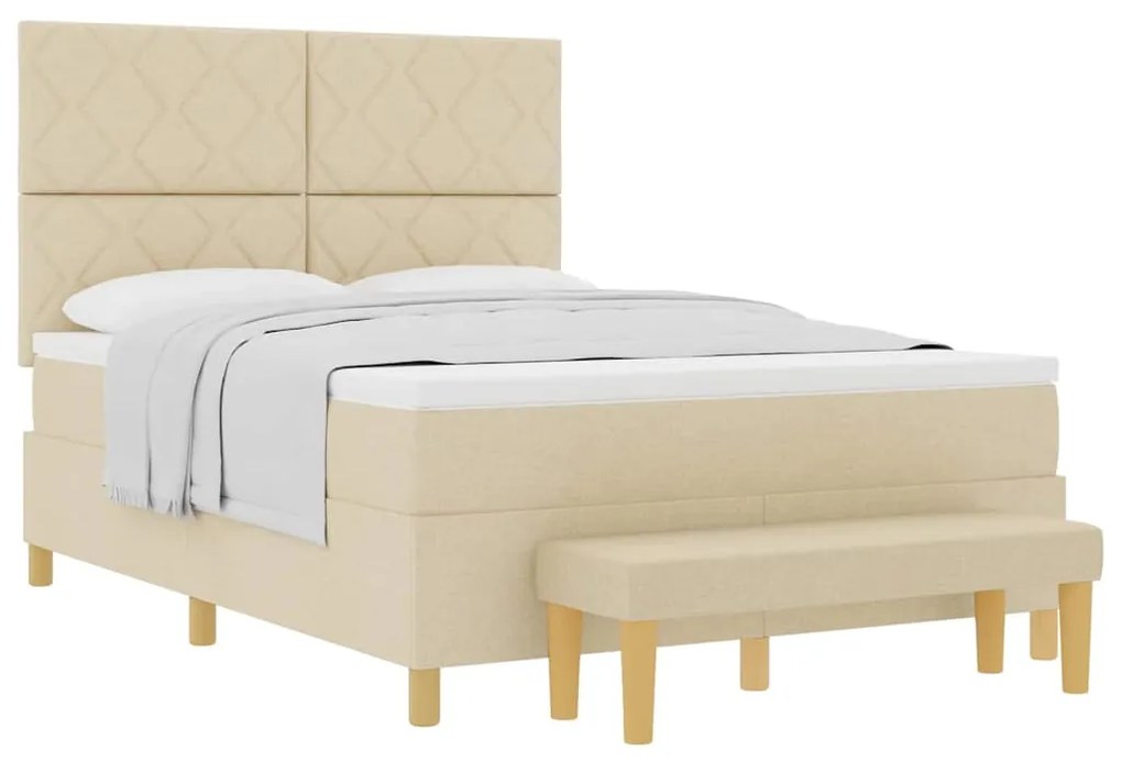 Cama Box Spring com Colchão &amp; Banco Creme 140x200 cm Tecido