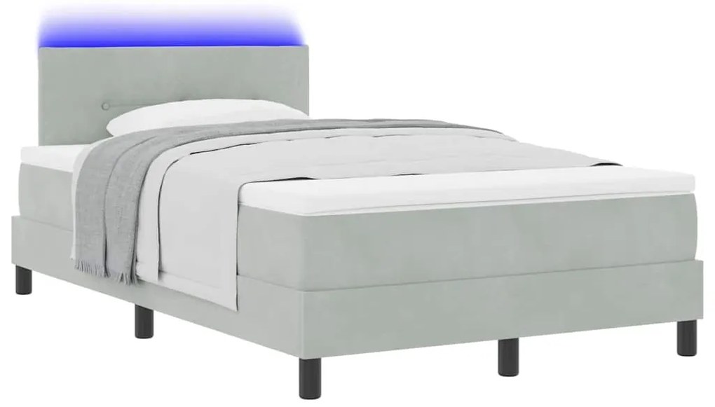 Cama Box com Colchão e Luz LED Cinza Claro 120x200 cm Veludo