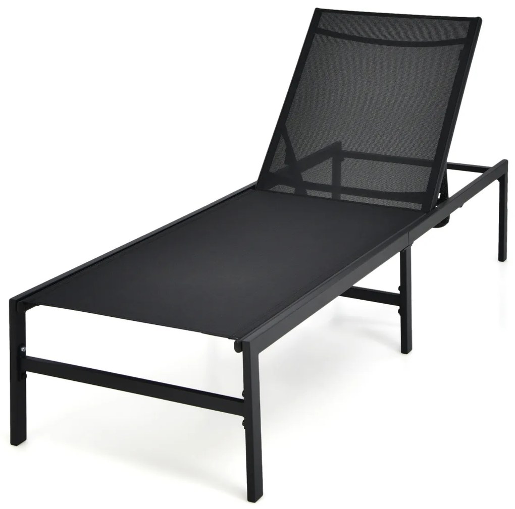 Espreguiçadeira de exterior com 6 posições de encosto ajustável Recliner de aço para piscina Praia Pátio 64 x 198 x 67-103 cm Preto