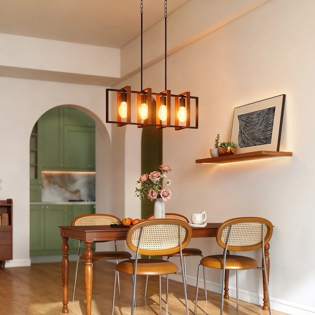 Candeeiro suspenso moderno, lustre de teto com 4 armações giratórias e altura ajustável, 80 x 21 x 90-130 cm, preto, cor castanho nogueira