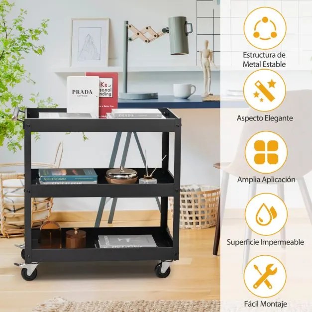 Carrinho de metal multifuncional 77,5 x 38 x 79 cm com 3 prateleiras e pega ergonómica Rodas para escritório ou garagem Preto