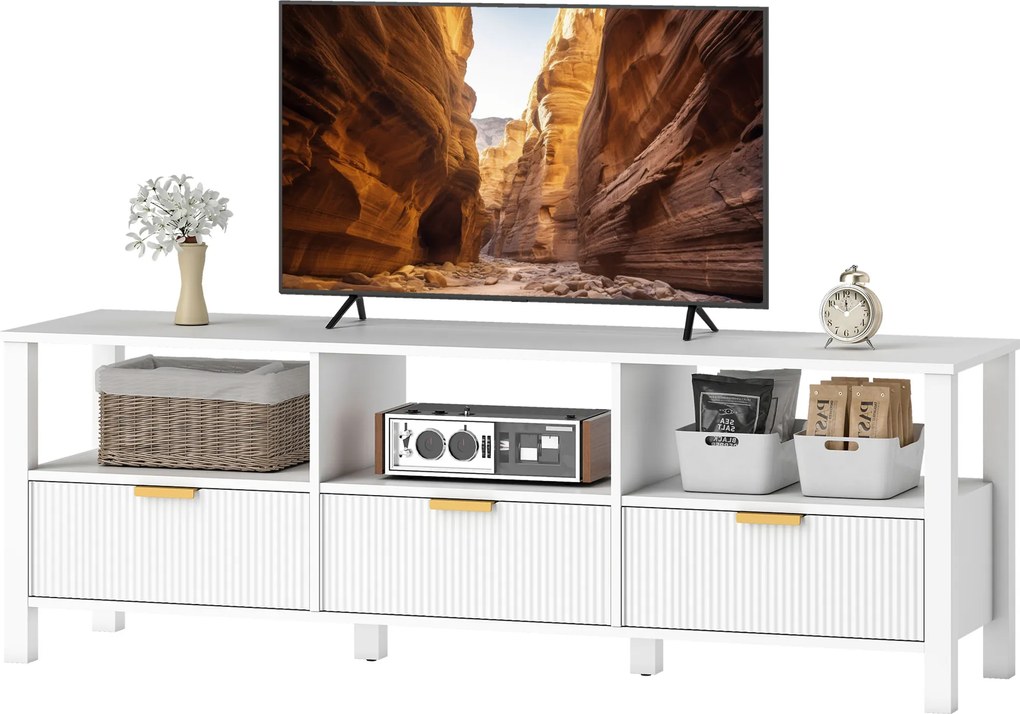 Móvel para TV de 152 cm, móvel para televisor de 65 polegadas com 3 gavetas e 3 prateleiras abertas, 152 x 39,5 x 50 cm, branco