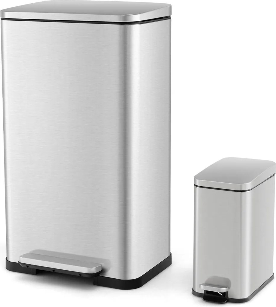 Conjunto de caixotes do lixo de 40 litros + 6 Litros em aço e baldes interiores amovíveis para lixo de cozinha Prateado