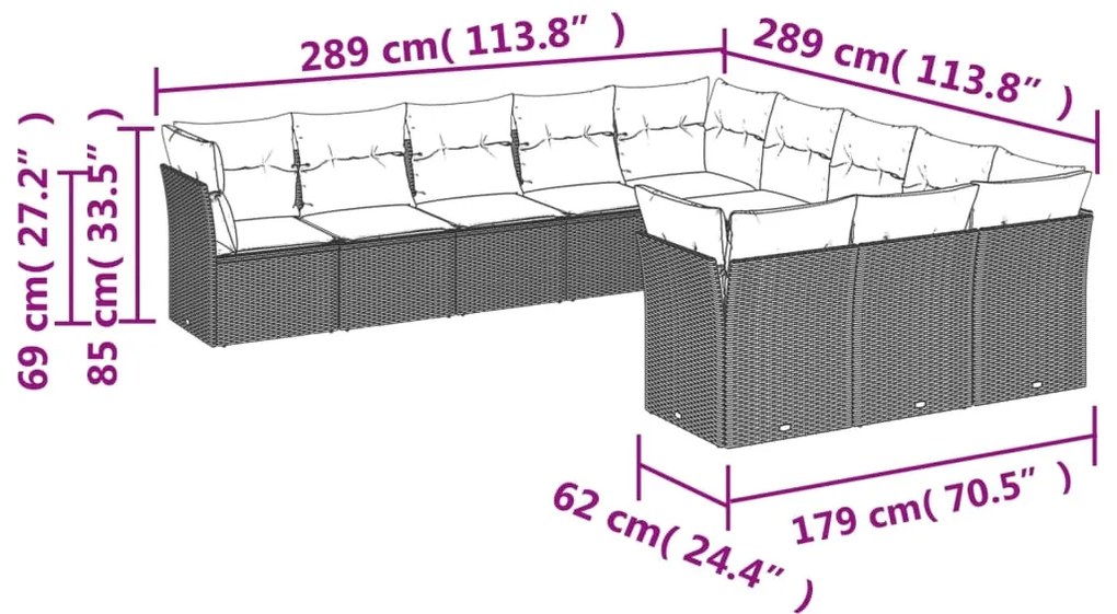 11 pcs conjunto sofás de jardim c/ almofadões vime PE castanho