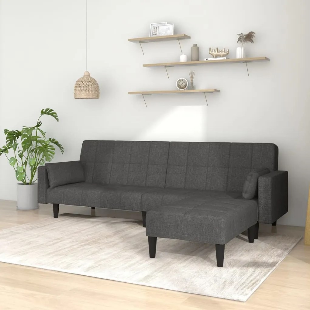 vidaXL Sofá-cama 2 lug c/ 2 almofadas/apoio de pés tecido cinza-escuro