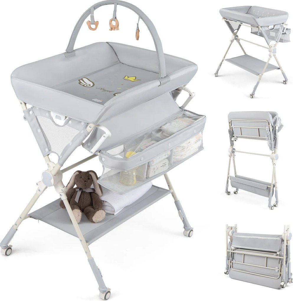 Mudador fraldas dobrável com banheira, 3 alturas ajustáveis, rodas com travão, brinquedos e espaço de arrumação, portátil para recém-nascidos, cinzent