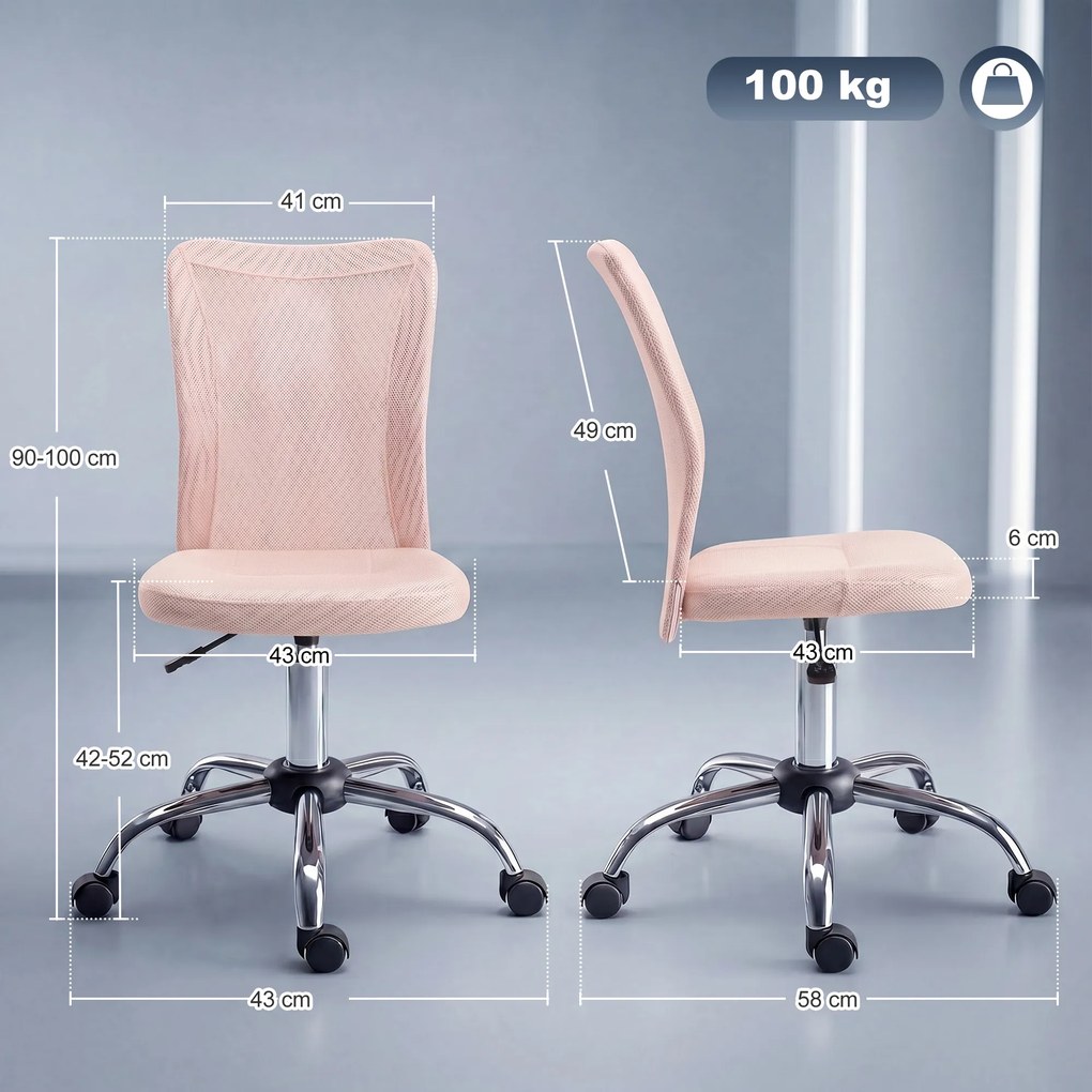 Cadeira de escritório ergonómica, com altura ajustável, base cromada e rotação de 360°, com revestimento em malha rosa