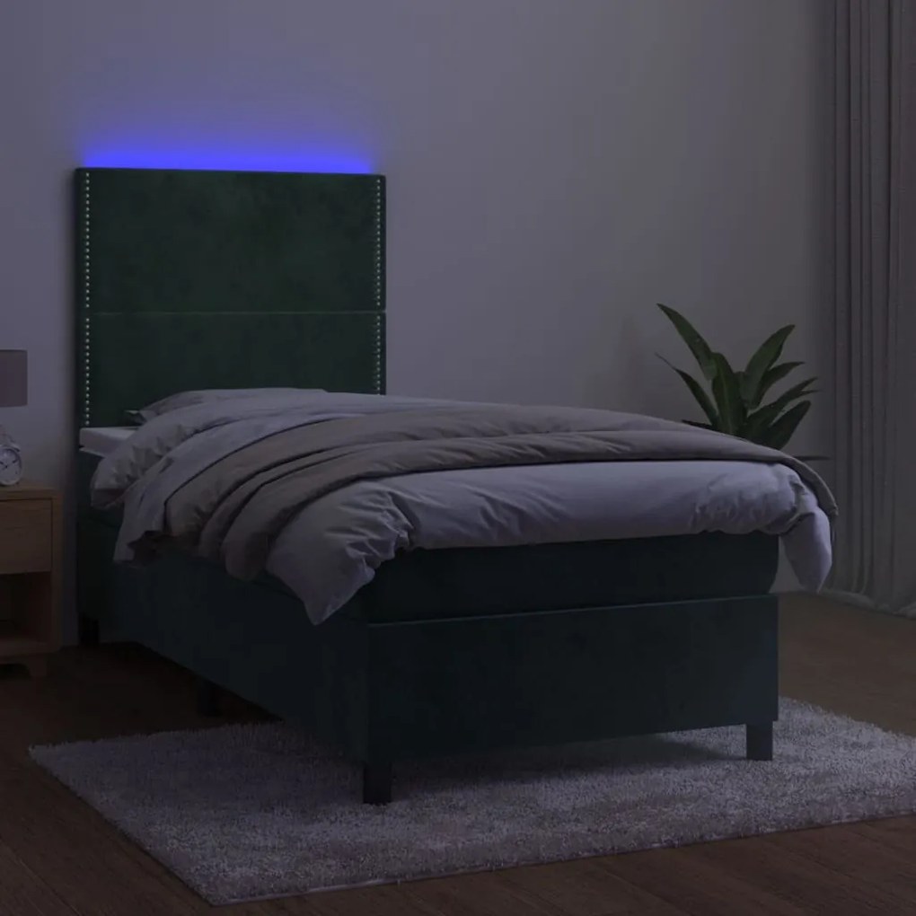 Cama box spring c/ colchão/LED 90x200 cm veludo verde-escuro