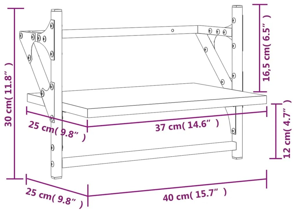 Prateleiras de parede c/ barras 2 pcs 40x25x30 cm cinza sonoma