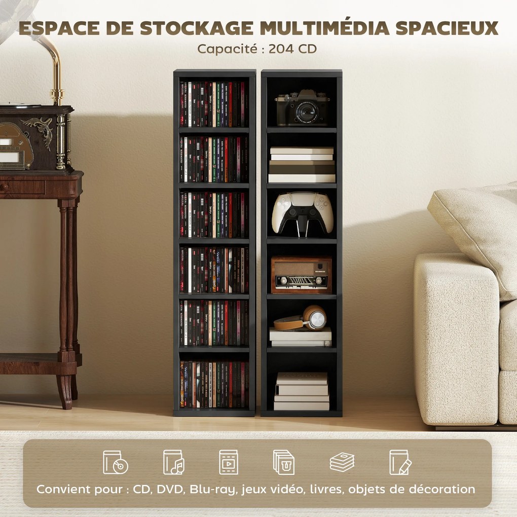 Conjunto de 2 prateleiras verticais para arrumação de CDs e DVDs, com 12 compartimentos, 21 x 22,5 x 88,5 cm, capacidade para 204 CDs, preto