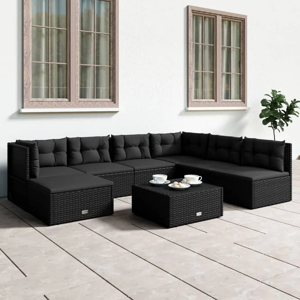 vidaXL 7 pcs conjunto lounge de jardim c/ almofadões vime PE preto
