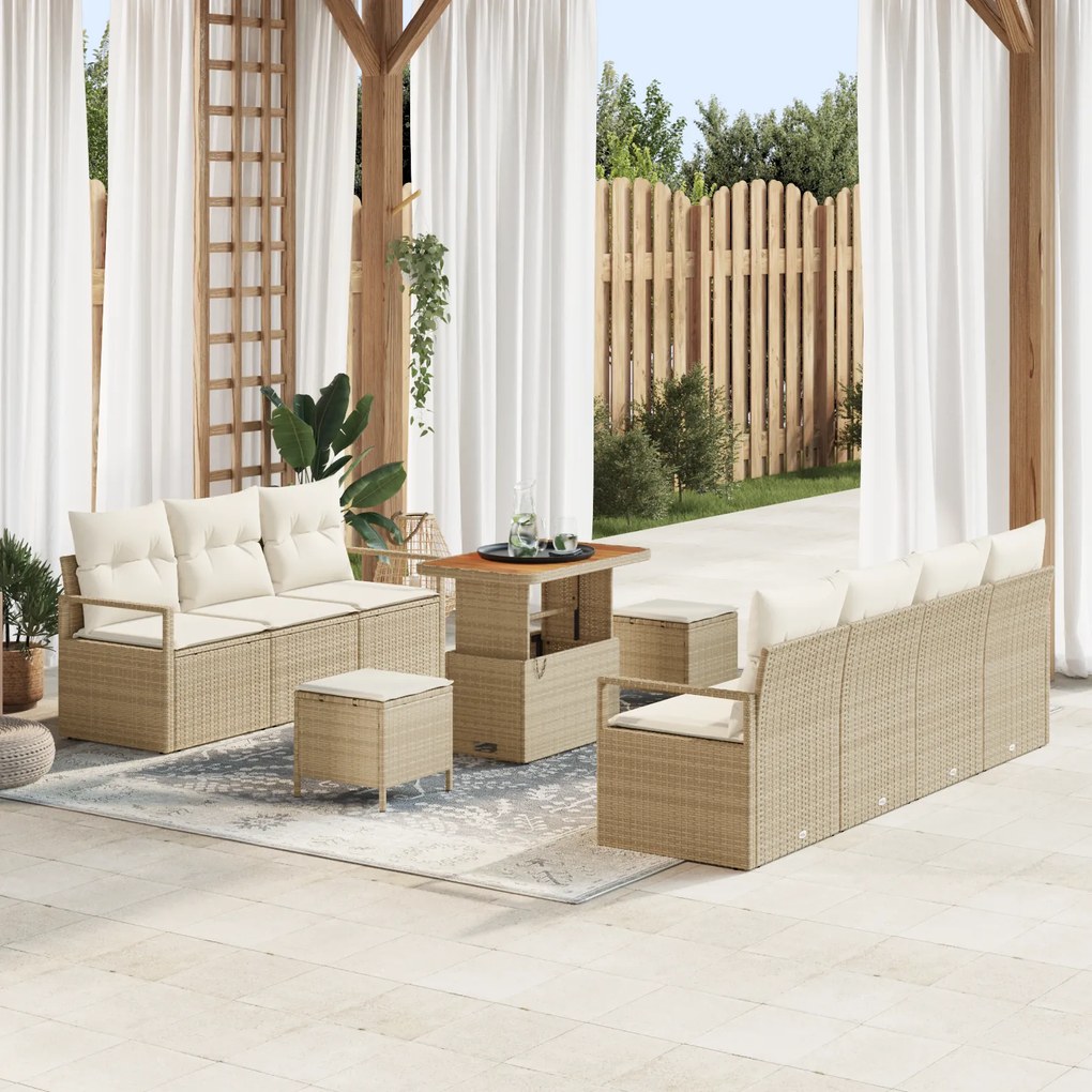 Conjunto de Sofá de Jardim de 10 Peças com Almofadas Bege Polyrattan Acácia