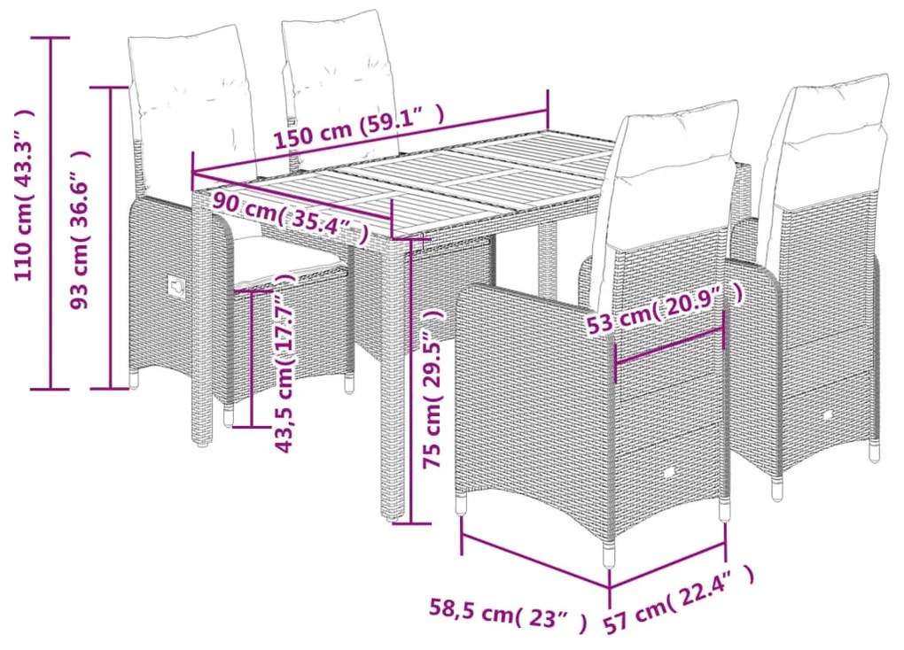 5 pcs conjunto de bistrô para jardim c/ almofadões vime PE bege