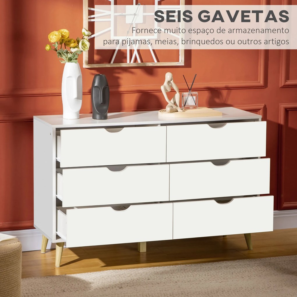 Cómoda com 6 Gavetas e Pés Elevados Cómoda para Dormitório Estilo Moderno Anti-Tombo 120x40x76 cm Branco