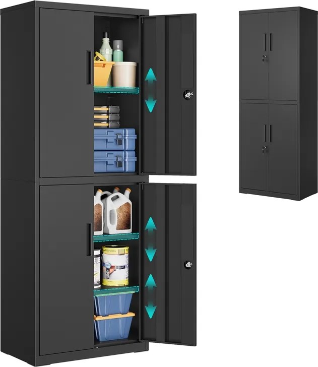 Armário arrumação 40 x 60 x 180 cm versátil em aço com 4 portas e 5 prateleiras Preto mate