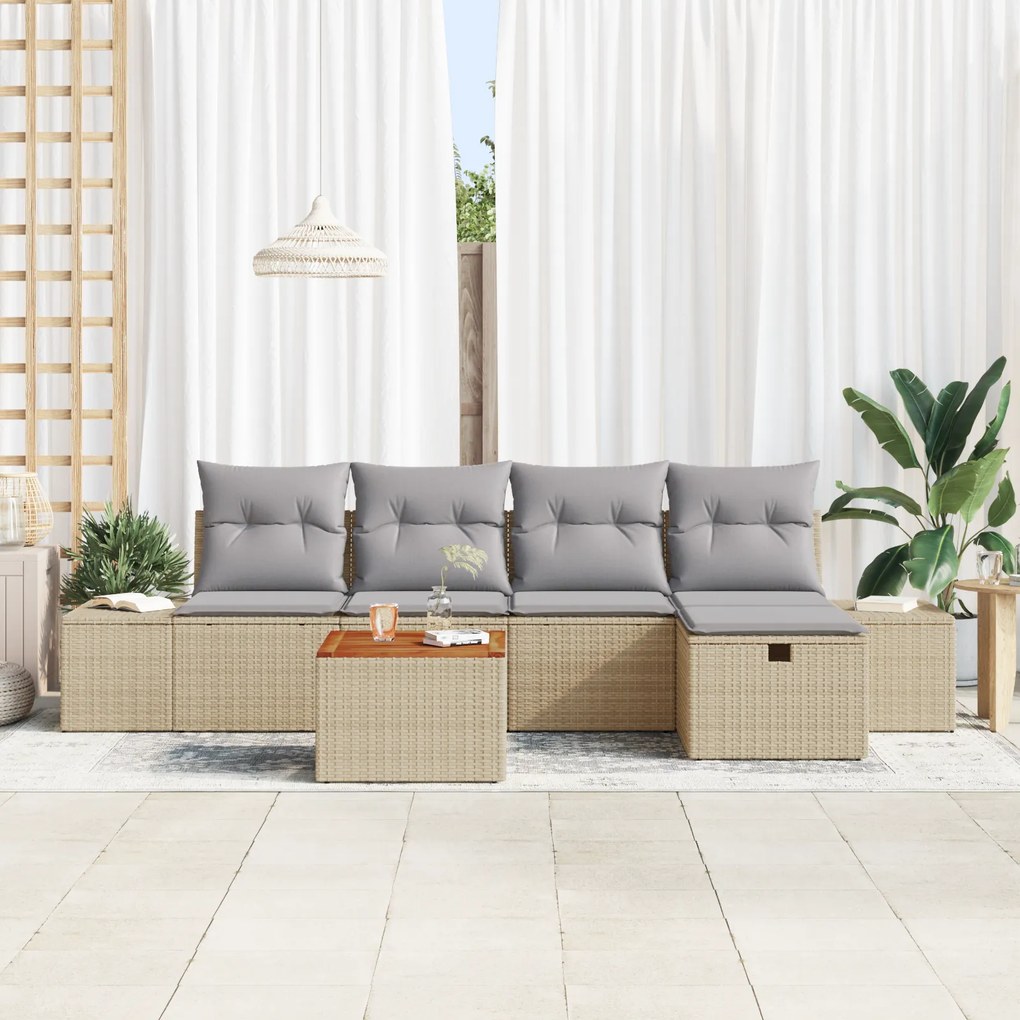 Conjunto de Sofá de Jardim em 6 Peças com Almofadas Bege em Rattan
