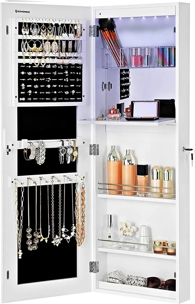 Armário para joias com porta espelho sem moldura 37 x 110 x 9,5 cm branco