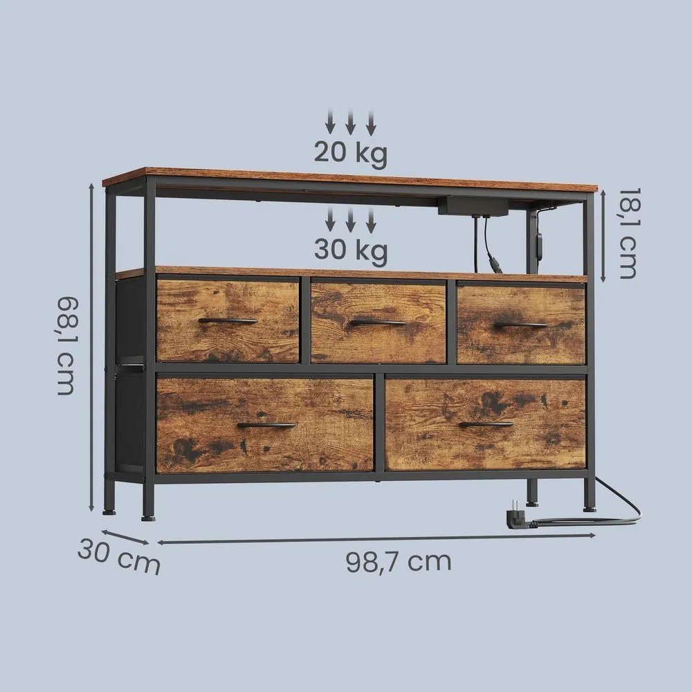 Cómoda com 5 gavetas e iluminação LED, 30 x 98,7 x 68,1 cm castanho-preto