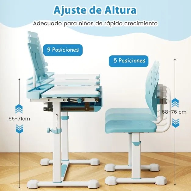 Conjunto de secretária e cadeira para crianças com altura ajustável, tampo inclinável, porta-copos, gaveta e cadeira ergonómica Azul