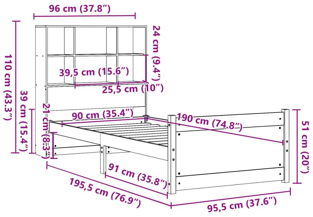 Cama com estante sem colchão 90x190 cm pinho maciço
