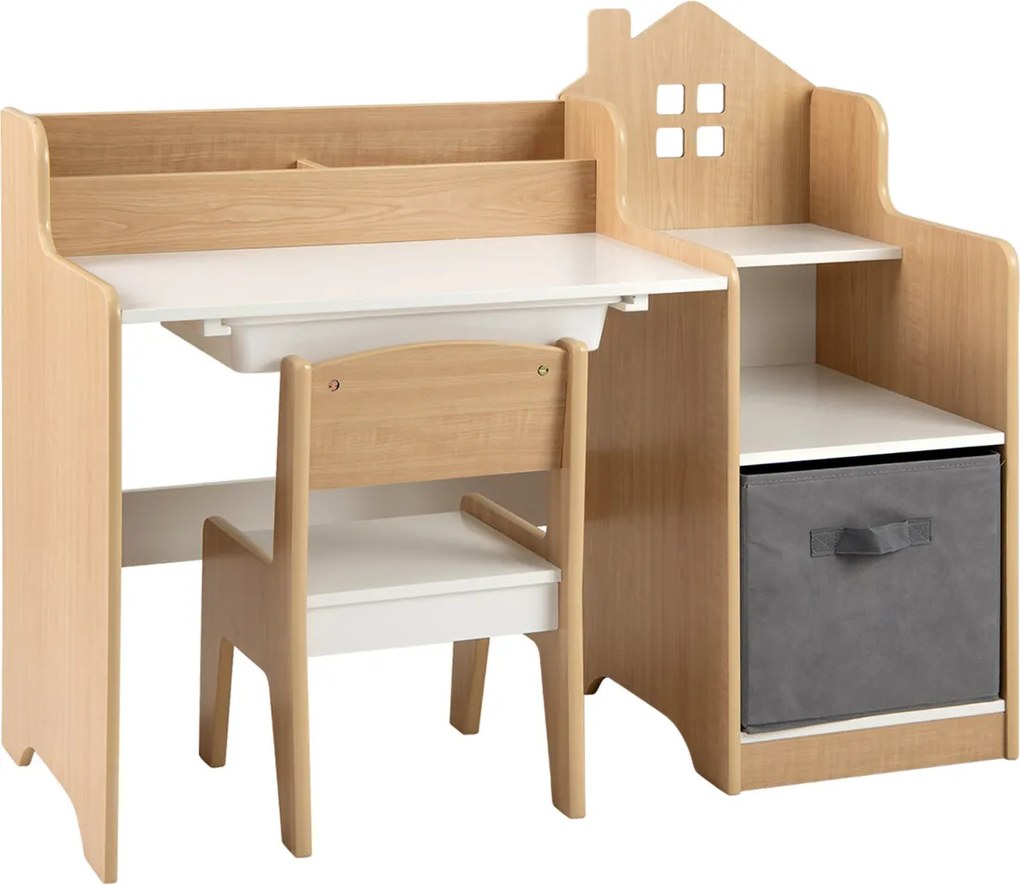 Conjunto de mesa e cadeira de estudo para crianças Mesa para crianças com estantes abertas Gaveta- natural