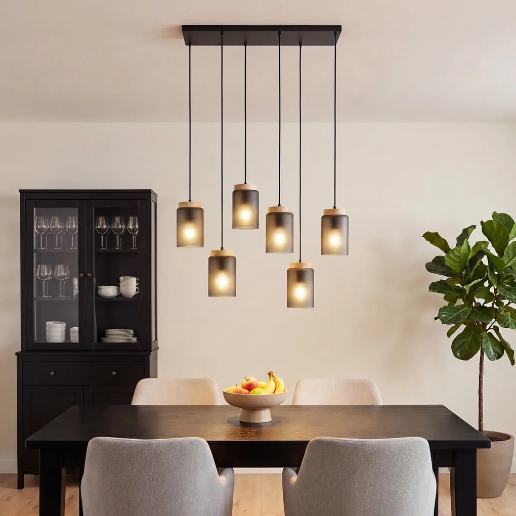 Candeeiro suspenso moderno preto com madeira e vidro cinza fosco 6 luzes - Umbra