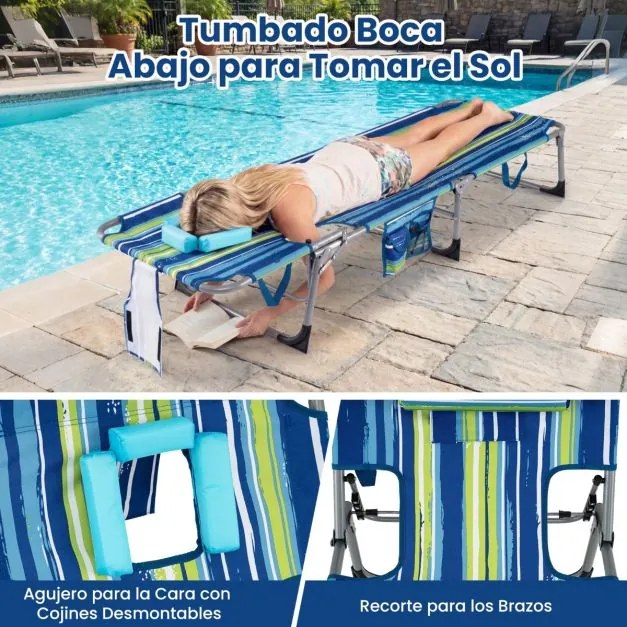 Espreguiçadeira dobrável para exterior, reclinável, com orifícios, apoio para o rosto, braços e encosto ajustável, bolsos, portátil, para praia e pisc