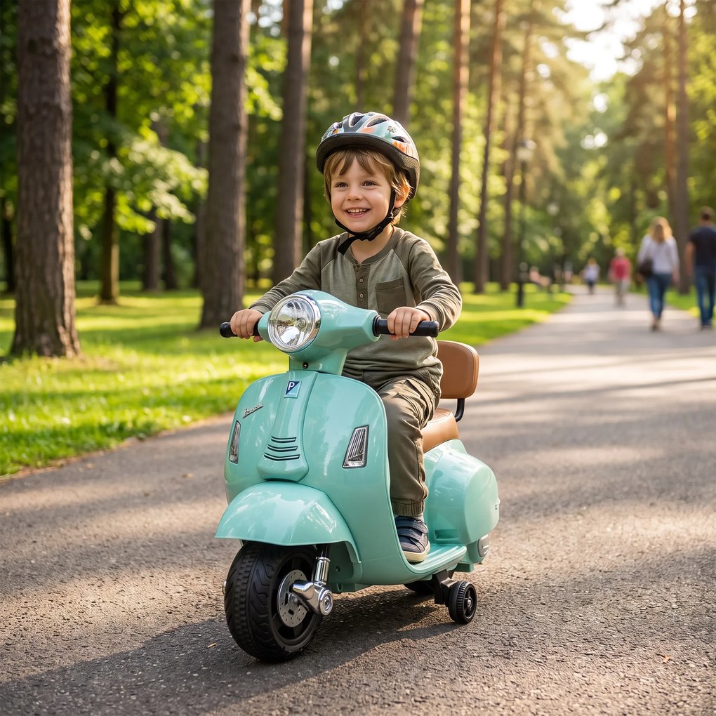 Mota Elétrica Infantil 6V para crianças 18-36 meses Mini Vespa GTS com 2 Rodas Auxiliares, Bateria de Lítio, Farol, Buzina e Encosto, Verde