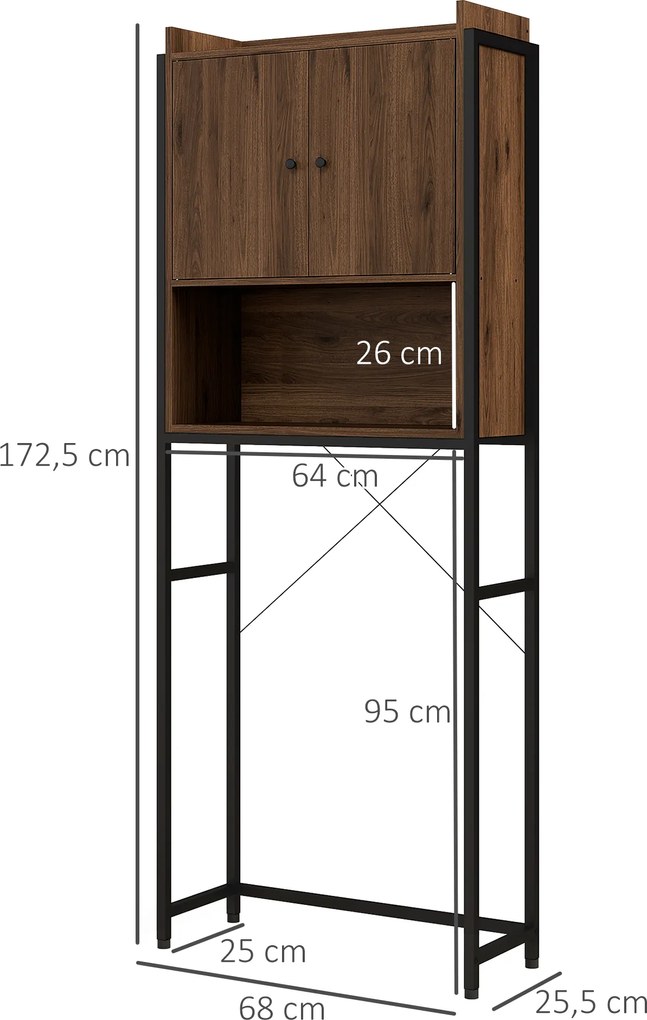 Móvel com prateleira para cima do WC, prateleira de casa de banho, armário de 2 portas e nicho, 68 x 25,5 x 172,5 cm, castanho-escuro