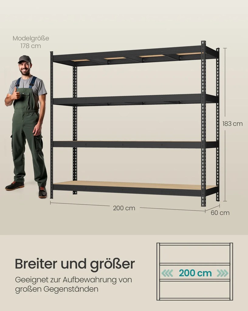 Estante para cargas pesadas 60 x 200 x 183 cm com 4 prateleiras estáveis em MDF com 8 mm de espessura Preta