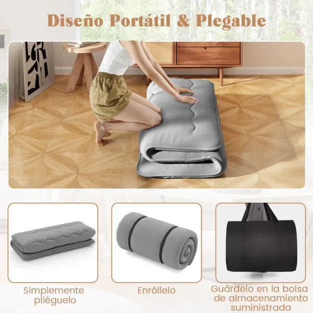 Colchão enrolável para o chão com capa lavável com bolsa de transporte 200 x 140 x 10 cm - cinzento