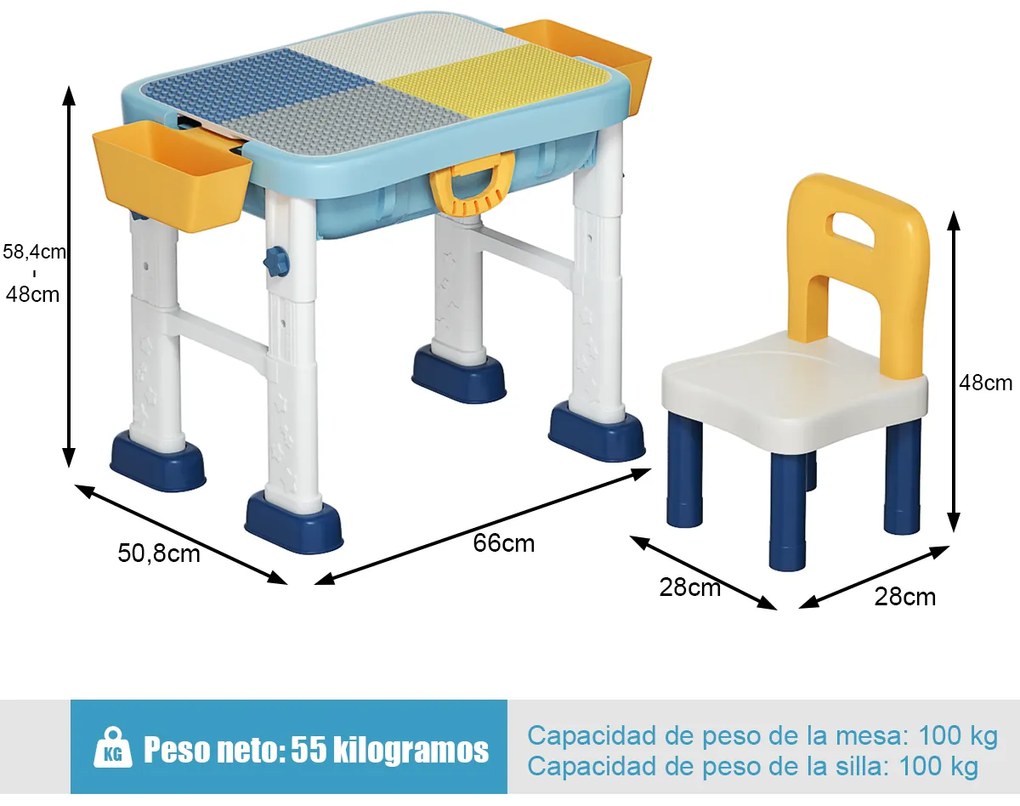 Conjunto de Mesa e Cadeira para Crianças Blocos de Actividade Areia Infantil Blocos de Actividade 6 em 1 Dobráveis com Altura Ajustável