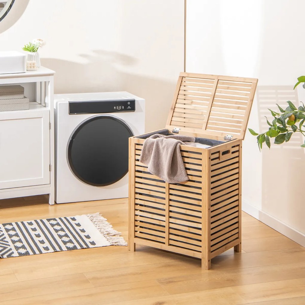 Cesto para roupa suja de bambu 80 L Organizador de roupa suja de bambu ripas para lavandaria Quarto e casa de banho 50 x 35 x 62 cm Natural