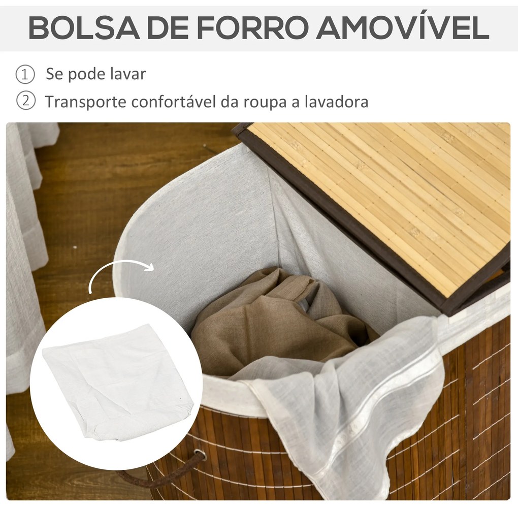 Cesto de Roupa de Bambu Capacidade de 100L Cesto para Roupa Suja com Tampa Rebatível e Bolsa com 2 Compartimentos Amovível 62,5x37x60,5cm Marrom