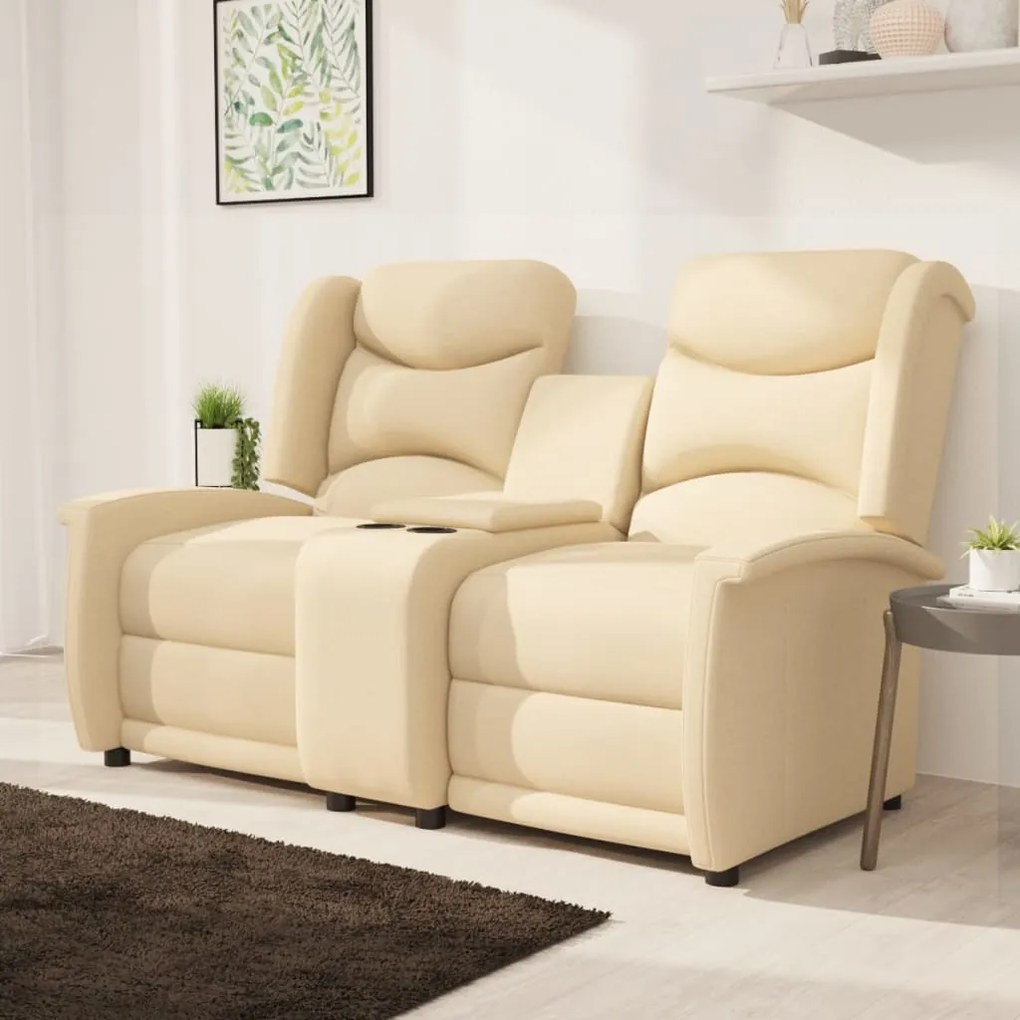 vidaXL Sofá reclinável 2 lugares c/ suportes copos tecido cor creme