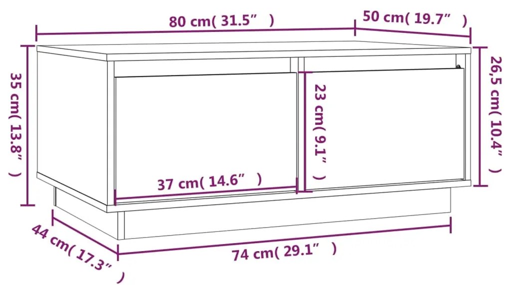 Mesa de centro 80x50x35 cm madeira de pinho maciça preto