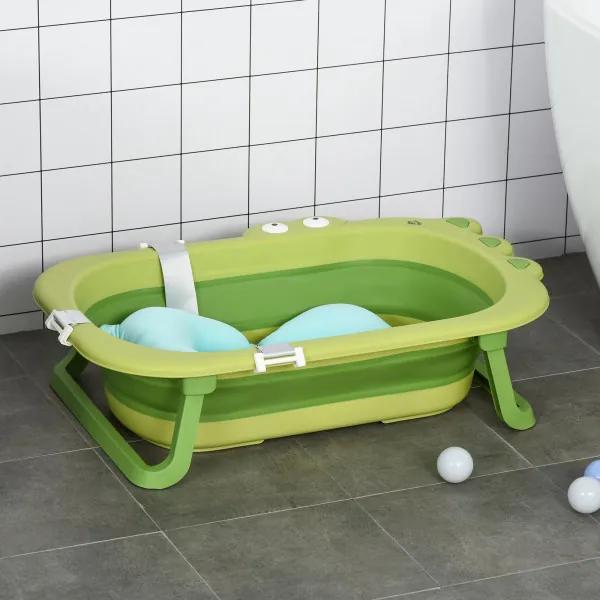 Banheira Dobrável para Bebé Recém Nascido até 3 Anos 50L com Almofada Confortável e Pés Dobráveis 80x53,9x20,8cm Verde