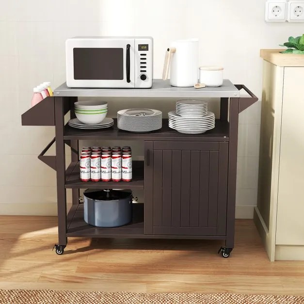 Carrinho para churrasco 116 x 50 x 87 cm com rodas com bancada em aço inoxidável, 3 prateleiras, armário e prateleira para temperos Castanho + Pratead
