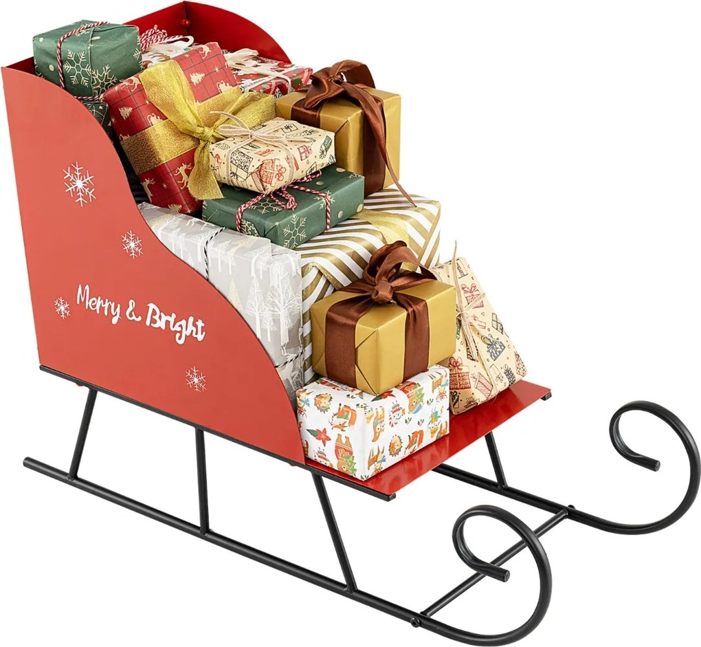 Cesto de Natal em Metal desenho Trenó de Natal para Presentes do Pai Natal Carrinho Trenó Decoração de Natal para Casa Vermelho