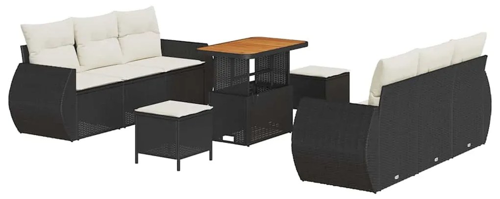 Conjunto de Sofá de Jardim 9 Peças com Almofadas Pretas e Rattan