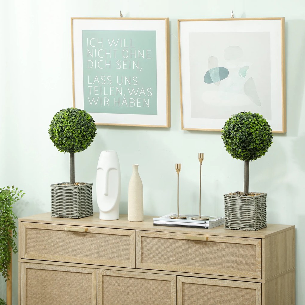 Conjunto de 2 plantas artificiais decorativas, bolas de buxo artificial de 50 cm com vaso de plástico trançado e seixos, verde