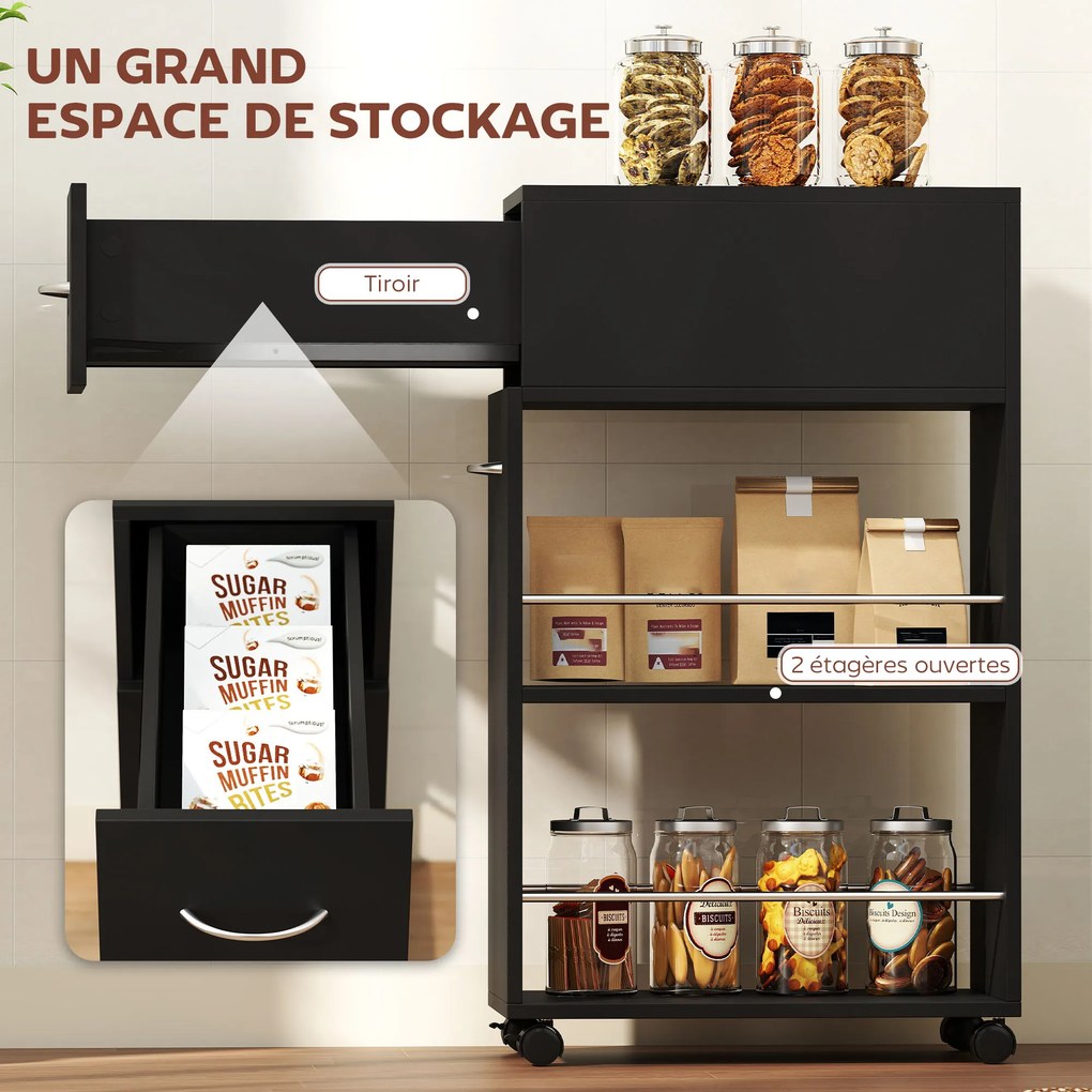 Carrinho de serviço de cozinha com rodas 25 x 50 x 85 cm, 1 gaveta e 2 prateleiras abertas para sala de jantar, preto